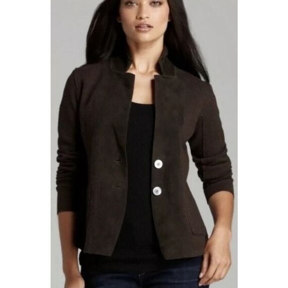 Eileen Fisher Merino Wool Blend Lamb Leather Brown Blazer Jacket - Size: XS - Picture 2 of 7
